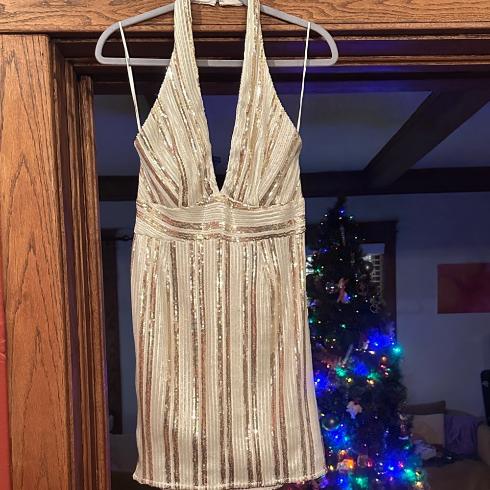 Gold Sequin Halter Dress